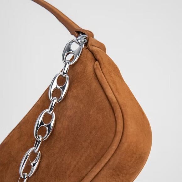 BY FAR Mini Rachel Chain-Embellished Suede Baguette Bag - Picture 6 of 7